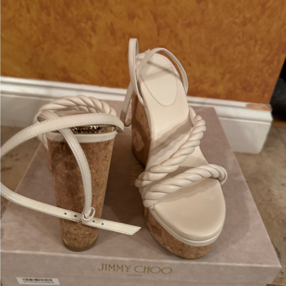 Jimmy Choo Cream Strappy “Diosa Wedge” Sandals - Picture 4 of 7